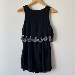 Dynamite Black Lined Romper Crochet Details Keyhole Back Elastic Waist